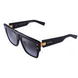 The Balmain B-I BPS-100A 56 Unisex Sunglasses feature black square frames, dark gradient lenses, gold-accented hinges, and gold Balmain branding on the temples, delivering modern luxury from Balmain Sunglasses.