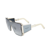 The Balmain BPS-102F-146 Wonder Boy LTD Unisex Sunglasses feature oversized shield-style gray lenses, white frames and arms, plus the iconic Balmain logo on the temples.