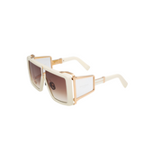 Balmain Sunglasses BPS-107D-61 Wonderboy II Unisex Sunglasses feature white and gold rectangular frames with brown gradient lenses, shown on a white background at a slight angle for a modern Parisian touch.