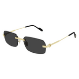 Cartier CT0271S 001 58 unisex rectangular rimless sunglasses with dark lenses and gold metal arms featuring black tips, shown on a white background. Available from an authorized Cartier Sunglasses dealer.