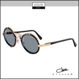 The image shows Cazal 644 C001 53 unisex sunglasses—round, black designer frames with gold accents and dark lenses. The Lexor Miami logo is at the top, and Cazal Sunglasses branding appears in the bottom right corner.