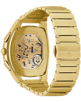 The Bulova 97A160 Curv Gold Stainless Steel Strap Men’s Watch, by Bulova Watches, is shown from the back with its exposed movement and a metal link bracelet, highlighting its innovative curved chronograph design.