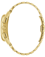 Side view of the Bulova Watches 97A160 Curv gold stainless steel men’s watch with a linked band and round case, showcasing its ultra-thin curved chronograph and minimalist design against a light background.