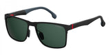 Carrera 8026/S 003 57 sunglasses feature a black rectangular frame with green lenses and a matte finish, accented by subtle red near the hinges. Curved dark arms with rubberized tips ensure comfort. “CARRERA” branding is on both lens and arm. Unisex design.