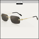 Cartier CT0271S 001 58 unisex sunglasses with rectangular dark lenses, gold-tone arms, black temple tips, and adjustable nose pads on a white background with the LEXOR MIAMI logo—your authorized Cartier Sunglasses dealer.