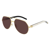 The Cartier CT0272S 003 60 Unisex Sunglasses by Cartier feature gold frames, dark brown lenses, and black-and-silver arms, displayed on a white background.