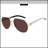 Cartier CT0272S 003 60 unisex sunglasses feature gold aviator frames, dark brown lenses, and black-and-white temples. Displayed on a white background. Lexor Miami—your authorized Cartier Sunglasses dealer for luxury eyewear.