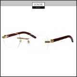 The Cartier CT0286O 004 56 Unisex Optical Frame by Cartier Sunglasses features rimless clear lenses, a gold bridge and hinges, and brown temples. Displayed on a white background with the LEXOR MIAMI logo at the top center.