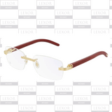 The Cartier CT0286O 004 56 Unisex Optical Frame, a rimless style with gold temples and red arms inspired by luxury Cartier Sunglasses, is displayed on a gray and white LEXOR MIAMI logo background.