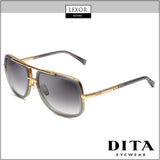 The Dita DRX-2030-T-GRY-GLD-59-Z Mach One Unisex Sunglasses feature square gradient dark lenses, gold metal frames, and 100% UV protection. Shown on a white backdrop with LEXOR Miami and Dita Sunglasses logos.