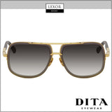 Front view of Dita DRX-2030-T-GRY-GLD-59-Z Mach One Unisex Sunglasses by Dita Sunglasses, with a gold frame and gradient dark lenses on a white background. 100% UV protecting aviator style. Lexor Miami and Dita Eyewear logos above and below.