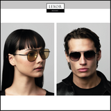 A woman with straight black hair and a man with wavy brown hair model Dita DTS409-A-03 Flight.009 unisex sunglasses in a split-screen ad. Both face forward against a plain background, showcasing Dita Sunglasses Miami style.