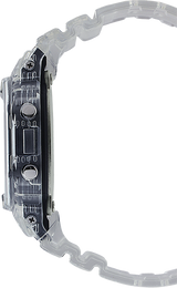 Side view of the G-Shock Watches DW-5600SKE-7 Standard Digital Unisex watch with a clear resin strap, showing the visible buttons and screws on the side of the watch face.