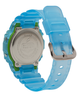 A close-up of the G-Shock DW5600LS-2 Vibrant Skeleton Blue Resin Strap Unisex Watch by G-Shock Watches, showing its blue strap and silver metal case engraved with the Casio logo and Shock Resist text.