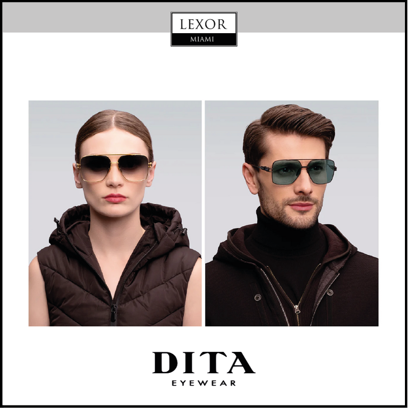 Man and woman wearing DITA sunglasses styled in dark outfits, Lexor Miami
