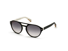 The Ermenegildo Zegna Sunglasses EZ0134S 92W feature black round frames, dark gradient lenses, white inner arms, and gold temple-tip accents. Displayed on a white background, they embody the brand’s luxury heritage.
