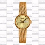 The Mido M716937213 Commander Mesh Strap women’s watch by Mido Watches features a gold dial, mesh strap, and day-date display. Set against a repeating LEXOR MIAMI logo background.