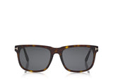 Front view of Tom Ford FT0775S 52A 56 Stephenson unisex sunglasses: tortoiseshell frame, rectangular dark lenses, and subtle metallic accents at the upper corners, by Tom Ford Sunglasses.