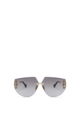 Loewe LW40049U 30B 71 Unisex Sunglasses feature rimless, angular gradient gray lenses, gold nose bridge and hinges, and black curved arms. Shown against a plain white background. Brand: Loewe Sunglasses.