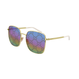 Gucci GG0802S 004 57 Women Sunglasses feature gold square frames, rainbow-tinted lenses with a subtle Gucci logo pattern, white temple tips, and provide 100% UV protection. Displayed on a white background.
