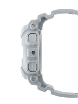 Side view of the G-Shock GMAS120MF-8A S Series women’s watch in grey, featuring a rugged resin strap and analog-digital display by G-Shock Watches, with textured buttons, shown against a plain white background.