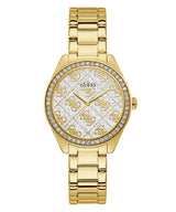 The Guess Watches GW0001L2 features a gold stainless steel strap, a round face with sparkling crystals, and Guess logos on the dial. The bezel is accented with clear crystals, making it an elegant women's watch.