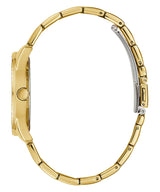 A close-up of the Guess Watches GW0001L2 women’s watch, showcasing its gold stainless steel strap.