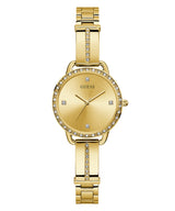 The Guess GW0022L2 BELLINI Gold Stainless Steel Women's Watch features a round face, crystal markers at 12, 3, 6, and 9 o’clock, and a gold bangle strap accented with crystals for refined sparkle.