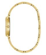 Side view of the Guess Watches GW0022L2 BELLINI gold women's watch, featuring a slim round case and stainless steel bangle strap, showcasing its sleek profile and minimalistic design.