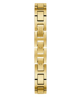The Guess Watches GW0022L2 BELLINI women's gold stainless steel bangle strap features rectangular links, some engraved with the GUESS logo and letter G, shown vertically on a white background.