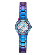 The Guess GW0028L4 Blue Stainless Steel Strap Women's Watch by Guess Watches features a round face, crystal-studded bezel, silver dial, and colorful blue, pink, and clear gemstone hour markers.