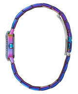 Side view of the Guess Watches GW0028L4 Blue Stainless Steel Strap Women Watch, featuring an iridescent purple and blue metallic band and matching case. The crystal dial is not visible, and the clasp is shown open.
