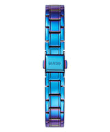 The Guess GW0028L4 Blue Stainless Steel Strap for women features an iridescent blue and purple metallic band with a GUESS logo clasp, displayed vertically on a white background. Ideal for pairing with your Guess Watches timepiece.