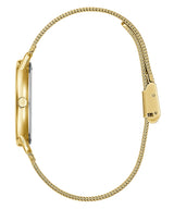 Side view of the Guess GW0031L2 Gold Mesh Strap women’s watch by Guess Watches, featuring a slim round case, single side button, and elegant gold mesh band with clasp for a refined style.