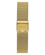 The Guess Watches GW0031L2 features a gold mesh strap with a woven texture and shiny finish. Its rectangular clasp engraved with GUESS adds elegance, making it perfect for women’s watch collections.