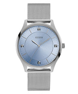 The Guess GW0069G1 Silver Mesh Strap Men’s Watch by Guess Watches features a light blue textured dial with silver hour markers and hands, plus four square rhinestones—offering an elegant accessory for men.