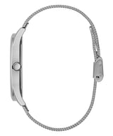 Side view of the Guess Watches GW0069G1 Silver Mesh Strap Men Watch showcasing its crown, clasp, and slim profile.