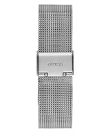 The Guess GW0069G1 Silver Mesh Strap Men Watch features a silver mesh band with a clasp engraved "GUESS," showcased on a white background—an elegant accessory from Guess Watches.