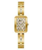 The Guess GW0102L2 Bauble Gold Women’s Watch by Guess Watches features a rectangular face, baguette crystal accents, polished stainless steel bracelet strap, and “GUESS” branding—an elegant addition to any outfit.
