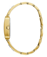 Side view of the Guess GW0102L2 Bauble Gold Stainless Steel Strap Women Watch, featuring a thin case profile and round crown. The plain white background highlights its elegance—perfect for any occasion from Guess Watches.