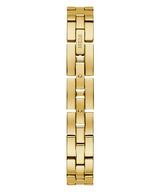 The Guess GW0102L2 Bauble Gold Women’s Watch by Guess Watches features a shiny gold stainless steel strap with rectangular links, one engraved with "GUESS," displayed vertically on a white background.