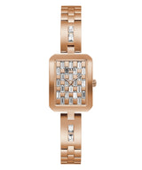 The Guess GW0102L3 Bauble Rose Gold Women's Watch by Guess Watches features a rectangular crystal-accented dial, geometric crystal pattern on the face, and a stainless steel strap.