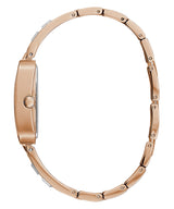 Side view of the Guess GW0102L3 Bauble rose gold women's watch by Guess Watches, featuring a slim profile, round crown, and elegant stainless steel linked bracelet for a refined look.