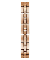 The Guess GW0102L3 Bauble Rose Gold watch by Guess Watches features a polished stainless steel strap with interlocking rectangular links and an engraved center link, ideal for any women’s watch collection.
