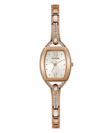 The Guess GW0249L3 Bella Rose Gold Stainless Steel Bangle by Guess Watches features a white dial with Roman numerals and a slim, crystal-adorned band—an elegant women's watch choice.