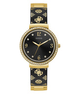 The Guess Watches GW0252L2 Gold Stainless Steel Strap Women's Watch features a black face with gold markers, crystal-accented bezel, and a chic black and gold patterned band.