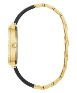 The Guess Watches GW0252L2 Gold Stainless Steel Women's Watch features a slim, round case with crown and an elegant gold metal bracelet in a minimal, sleek bangle design, shown from the side against a white background.
