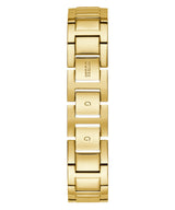 A Guess Watches GW0252L2 women’s watch with a gold stainless steel strap and engraved links is displayed on a white background, ideal for pairing with your favorite looks.
