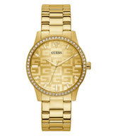 The Guess GW0292L2 Gold Stainless Steel Strap Women Watch by Guess Watches features a round crystal case, crystal-accented bezel, patterned dial with “G” logos, minimalist hour markers, and a gold-tone metal link band.