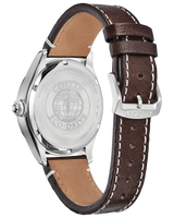 Back view of the Citizen BM6838-09X Garrison Eco-Drive by Citizen Watches, featuring a stainless steel case, brown leather strap with white stitching, and Citizen engraved on both the buckle and case back.